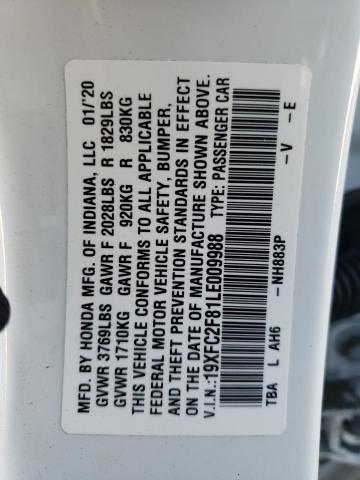 19XFC2F81LE009988 - 2020 HONDA CIVIC SPOR WHITE photo 10