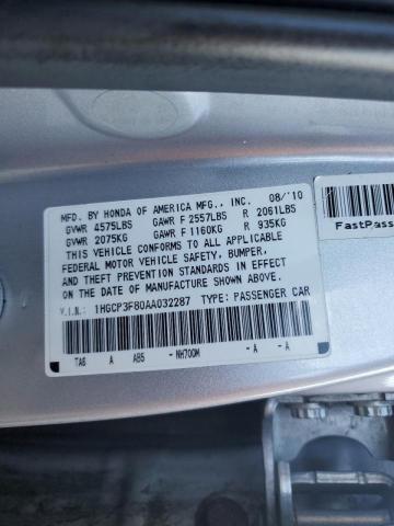 1HGCP3F80AA032287 - 2010 HONDA ACCORD EXL SILVER photo 10