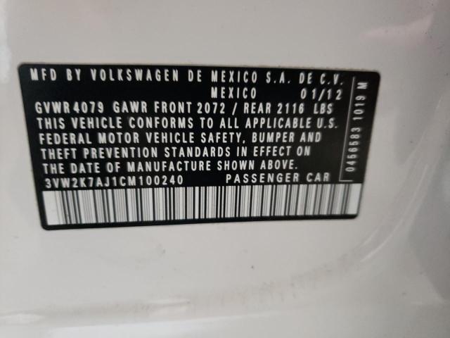 3VW2K7AJ1CM100240 - 2012 VOLKSWAGEN JETTA BASE 白色 照片 10
