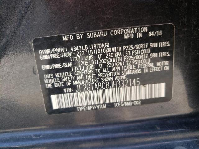 JF2GTABC8JH332145 - 2018 SUBARU CROSSTREK GRAY photo 10