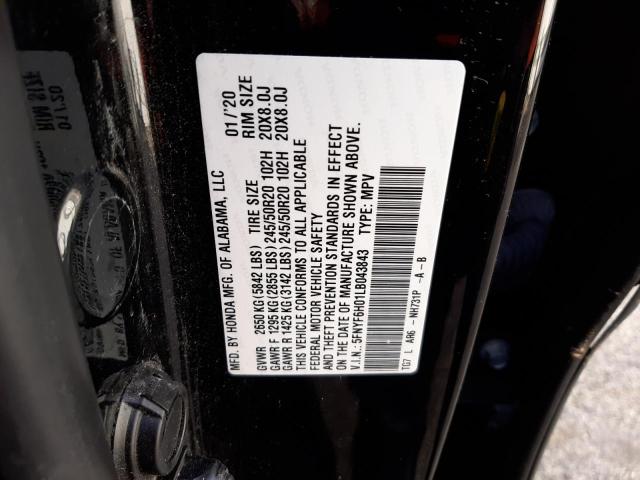 5FNYF6H01LB043843 - 2020 HONDA PILOT ELIT BLACK photo 10