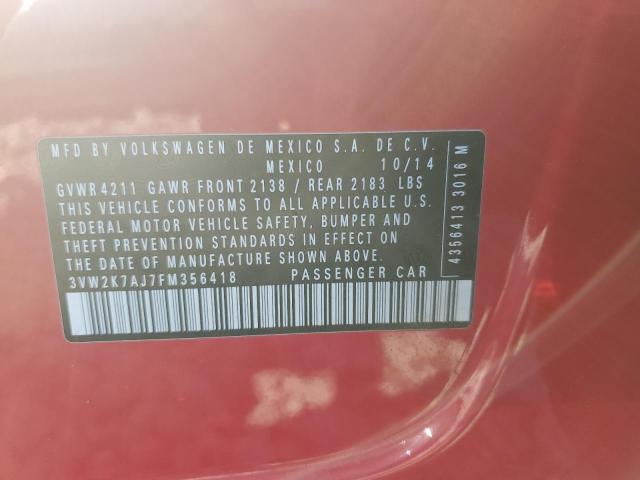 3VW2K7AJ7FM356418 - 2015 VOLKSWAGEN JETTA BASE 红色 照片 10