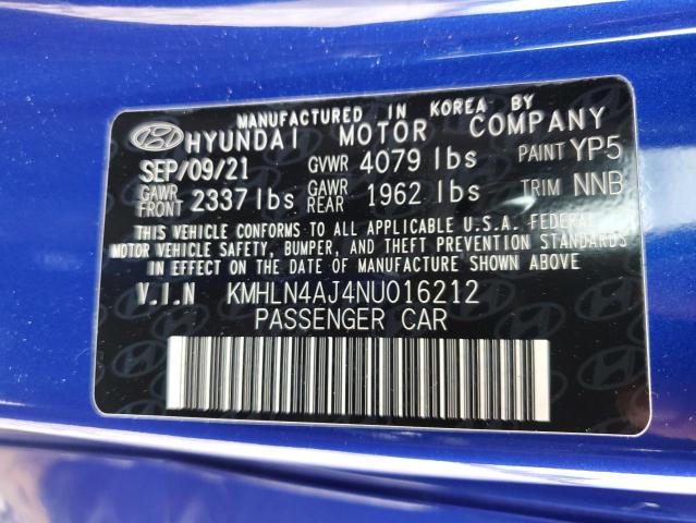 KMHLN4AJ4NU016212 - 2022 HYUNDAI ELANTRA LI BLUE photo 10