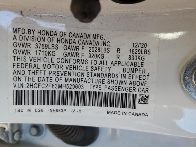 2HGFC2F83MH529603 - 2021 HONDA CIVIC SPOR WHITE photo 10