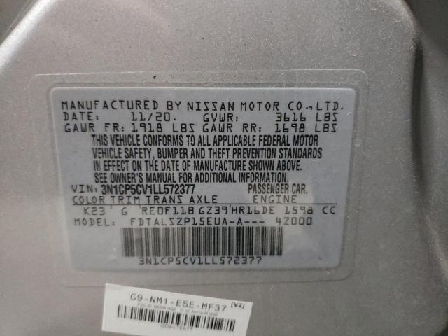 3N1CP5CV1LL572377 - 2020 NISSAN KICKS SV SILVER photo 10