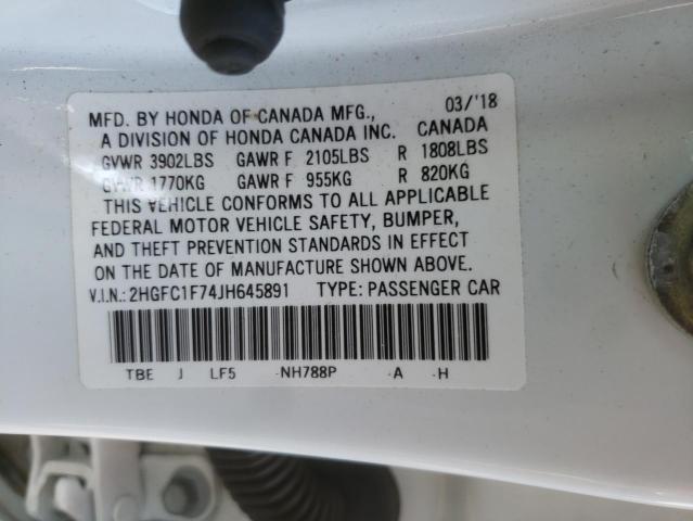 2HGFC1F74JH645891 - 2018 HONDA CIVIC EXL Ağ foto 10