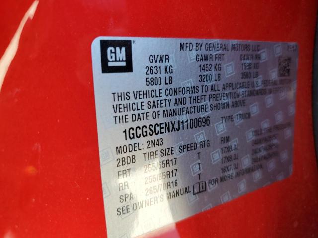 1GCGSCENXJ1100696 - 2018 CHEVROLET COLORADO L RED photo 10