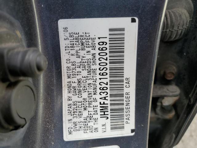 JHMFA36216S020691 - 2006 HONDA CIVIC HYBR GRAY photo 10