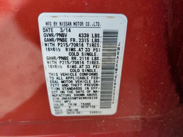 JN8AS5MT9EW609239 - 2014 NISSAN ROGUE SELE RED photo 10