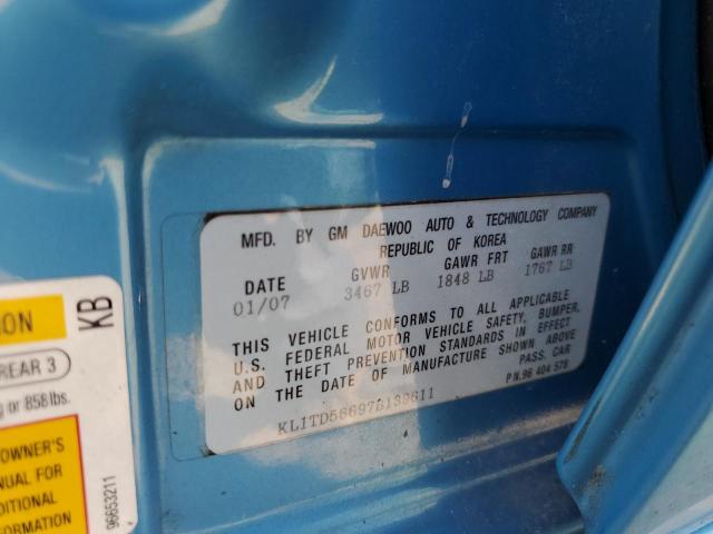 KL1TD56697B139611 - 2007 CHEVROLET AVEO BASE BLUE photo 10