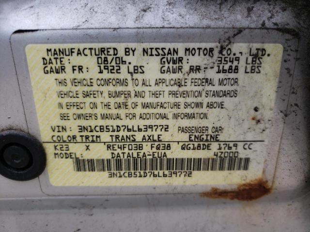 3N1CB51D76L639772 - 2006 NISSAN SENTRA 1.8 SILVER photo 10