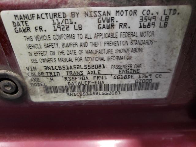 3N1CB51A52L552081 - 2002 NISSAN SENTRA GXE RED photo 10