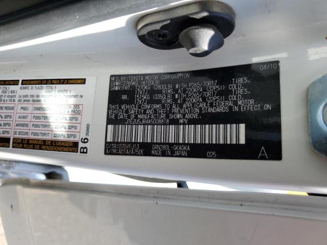 JTEZU5JR4A5008818 - 2010 TOYOTA 4RUNNER SR WHITE photo 10