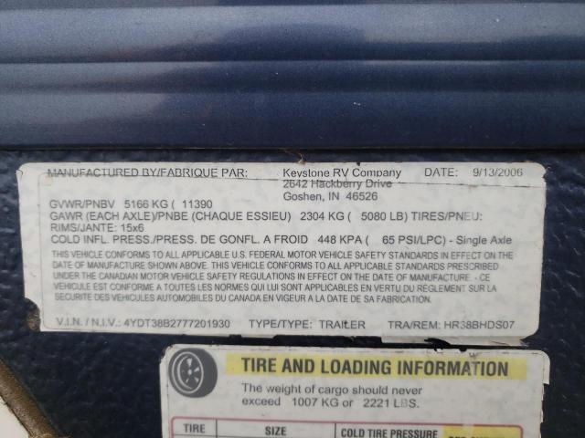 4YDT38B2777201930 - 2007 KEYSTONE HORNET WHITE photo 10