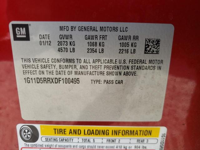 1G11D5RRXDF100495 - 2013 CHEVROLET MALIBU 1LT ბურგუნდია ფოტო 10