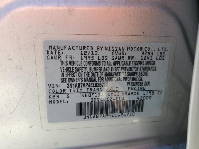 3N1AB7AP4EL626750 - 2014 NISSAN SENTRA S SILVER photo 10