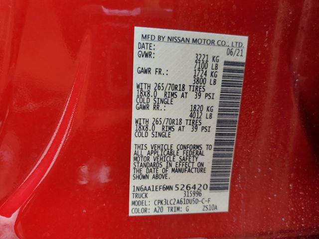 1N6AA1EF6MN526420 - 2021 NISSAN TITAN SV RED photo 10