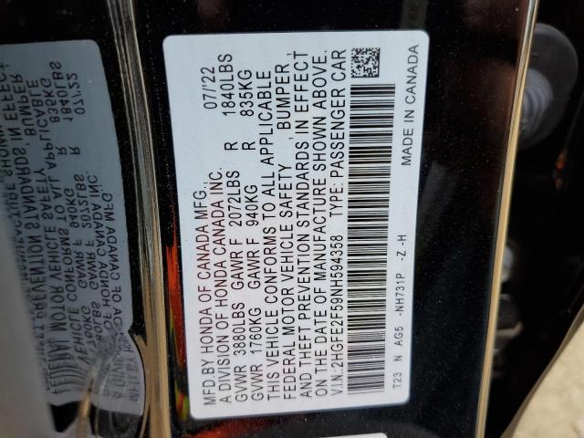 2HGFE2F59NH594358 - 2022 HONDA CIVIC SPOR BLACK photo 10