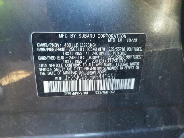 JF2SKARC6MH440951 - 2021 SUBARU FORESTER S GRAY photo 10