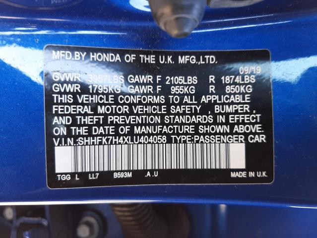 SHHFK7H4XLU404058 - 2020 HONDA CIVIC SPOR BLUE photo 10