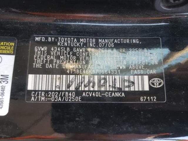 4T1BE46K17U564331 - 2007 TOYOTA CAMRY CE BLACK photo 10