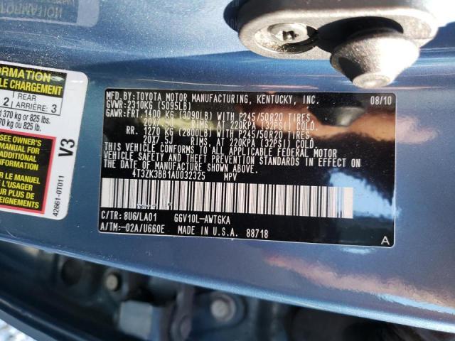 4T3ZK3BB1AU032325 - 2010 TOYOTA VENZA BLUE photo 10