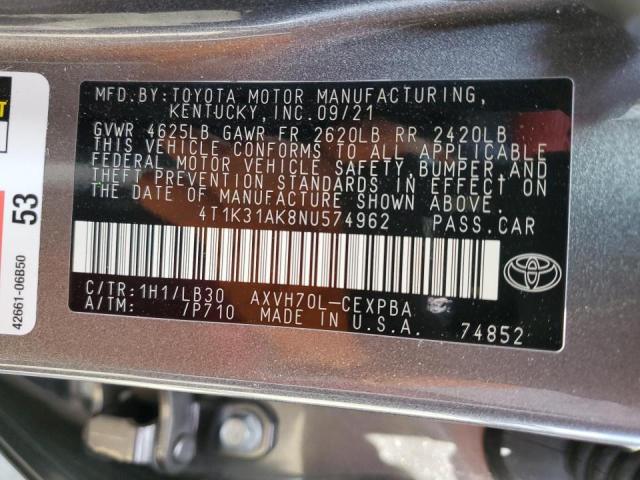 4T1K31AK8NU574962 - 2022 TOYOTA CAMRY XSE GRAY photo 10