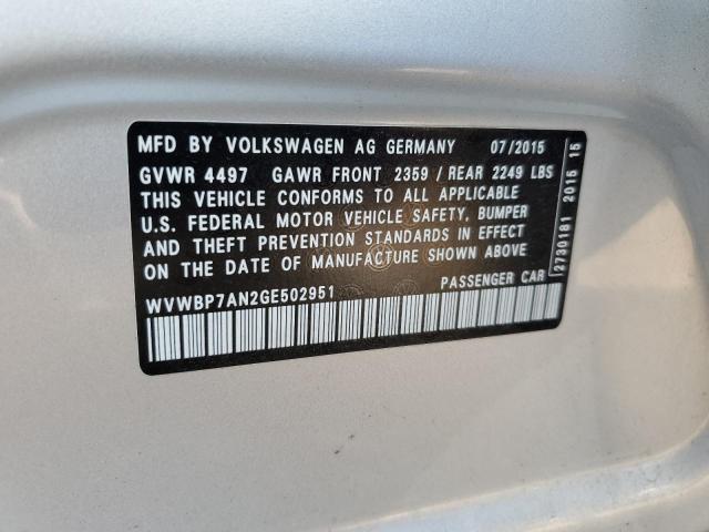 WVWBP7AN2GE502951 - 2016 VOLKSWAGEN CC BASE SILVER photo 10