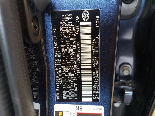 4T1BZ1FB0KU026201 - 2019 TOYOTA AVALON XLE BLUE photo 10