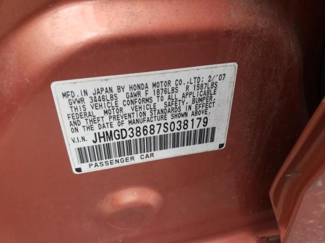 JHMGD38687S038179 - 2007 HONDA FIT S 红色 照片 10