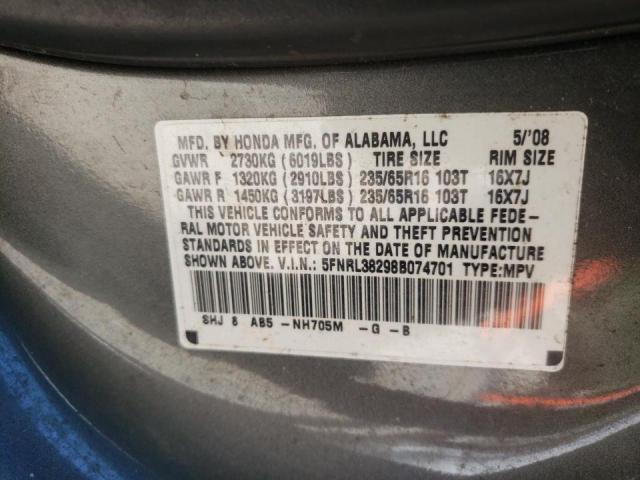 5FNRL38298B074701 - 2008 HONDA ODYSSEY LX GRAY photo 10