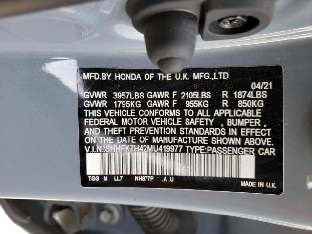 SHHFK7H42MU419977 - 2021 HONDA CIVIC SPOR BLUE photo 10