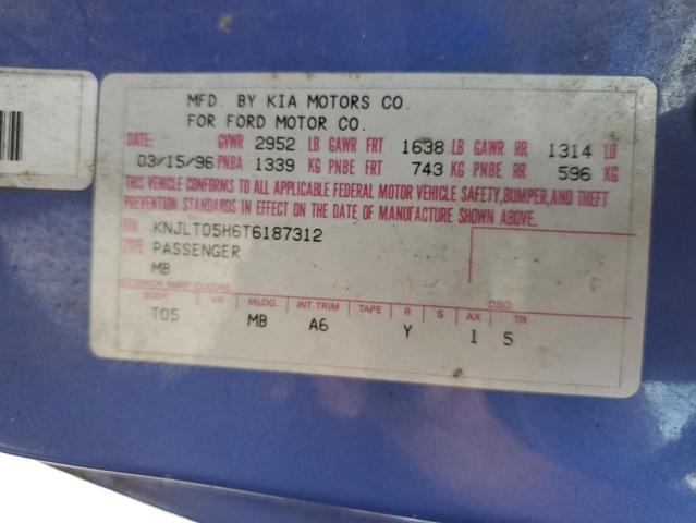 KNJLT05H6T6187312 - 1996 FORD ASPIRE BLUE photo 10