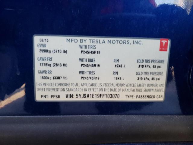 5YJSA1E19FF103070 - 2015 TESLA MODEL S Կապույտ լուսանկար 10