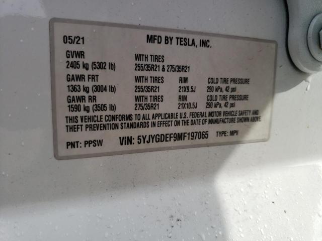 5YJYGDEF9MF197065 - 2021 TESLA MODEL Y أبيض صورة 10