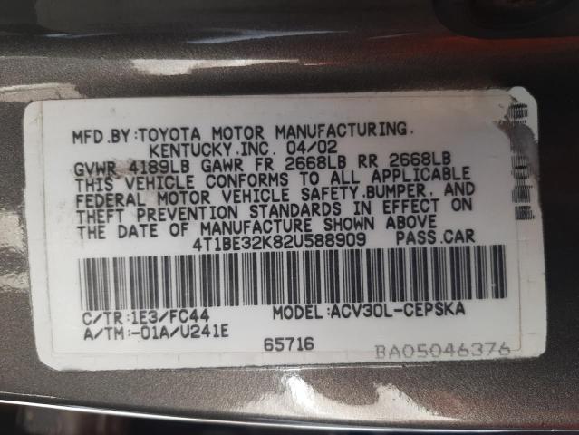 4T1BE32K82U588909 - 2002 TOYOTA CAMRY LE BROWN photo 10