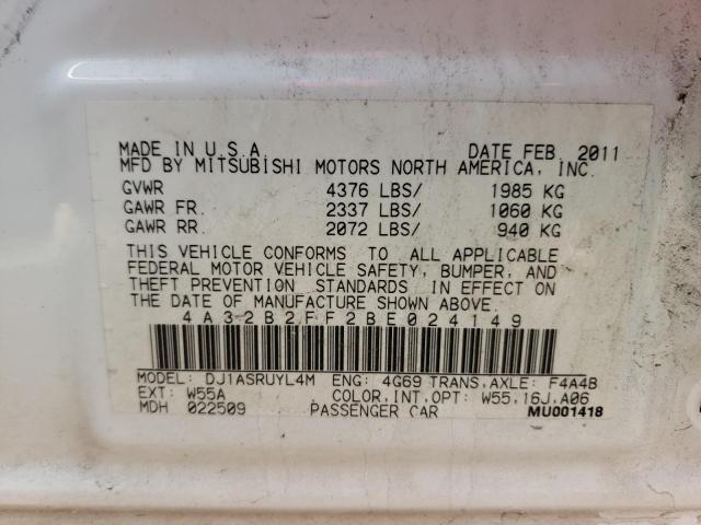 4A32B2FF2BE024149 - 2011 MITSUBISHI GALANT FE WHITE photo 10