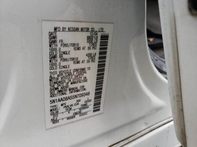 5N1AA08A55N709348 - 2005 NISSAN ARMADA SE WHITE photo 10