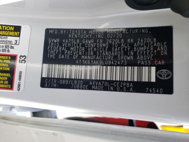 4T1K61AK9LU942473 - 2020 TOYOTA CAMRY XSE WHITE photo 10