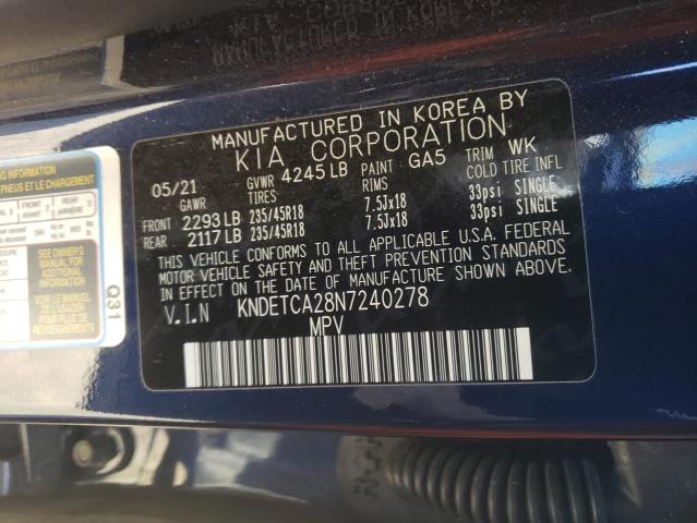 KNDETCA28N7240278 - 2022 KIA SELTOS SX BLUE photo 10