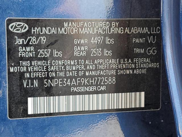 5NPE34AF9KH772588 - 2019 HYUNDAI SONATA LIM BLUE photo 10