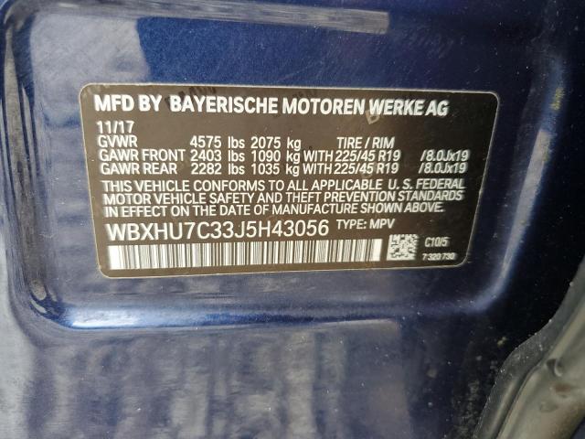 WBXHU7C33J5H43056 - 2018 BMW X1 SDRIVE2 BLUE photo 10