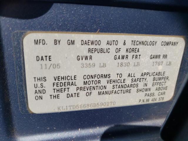 KL1TD56686B590270 - 2006 CHEVROLET AVEO BASE BLUE photo 10