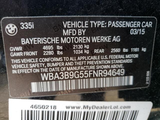 WBA3B9G55FNR94649 - 2015 BMW 335 XI BLACK photo 10