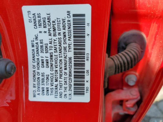 2HGFC2F89KH525696 - 2019 HONDA CIVIC SPOR RED photo 10