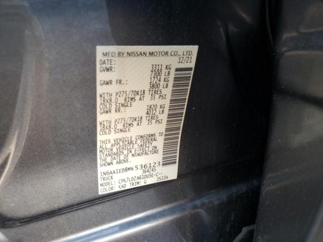 1N6AA1ED8MN536123 - 2021 NISSAN TITAN SV GRAY photo 10