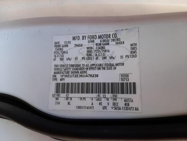 1FMEU72E36UA76238 - 2006 FORD EXPLORER X WHITE photo 10