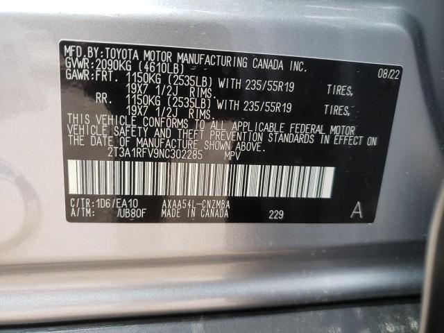 2T3A1RFV9NC302285 - 2022 TOYOTA RAV4 XLE P SILVER photo 10