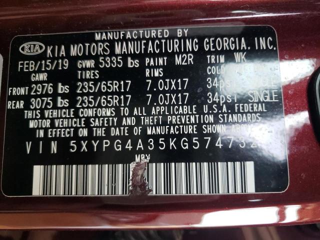 5XYPG4A35KG574732 - 2019 KIA SORENTO MAROON photo 10