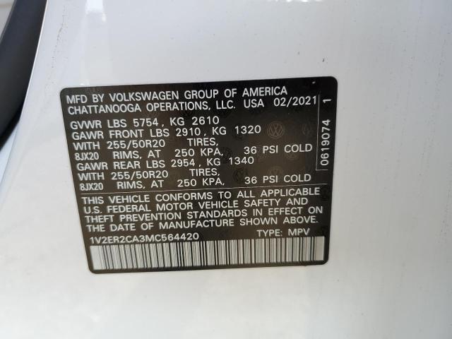 1V2ER2CA3MC564420 - 2021 VOLKSWAGEN ATLAS SEL Білий фото 10